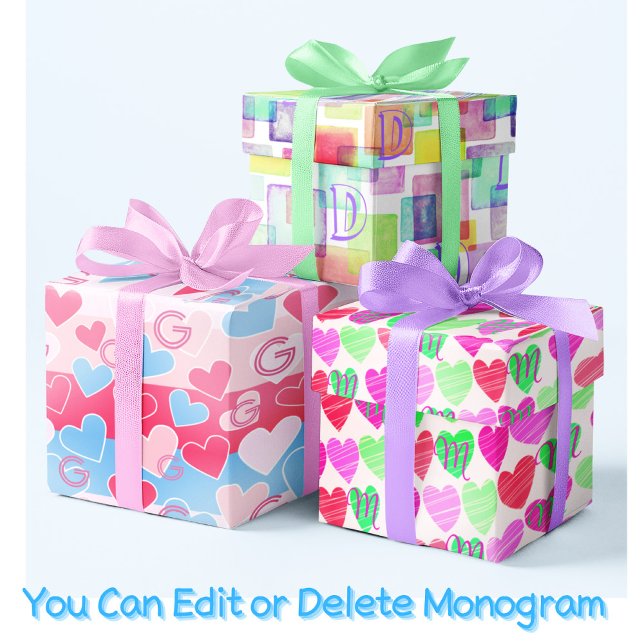 Feuille De Papier Cadeau Monogram Pastel Aquarelle Coeur Rose Bleu Élégant (Créateur téléchargé)