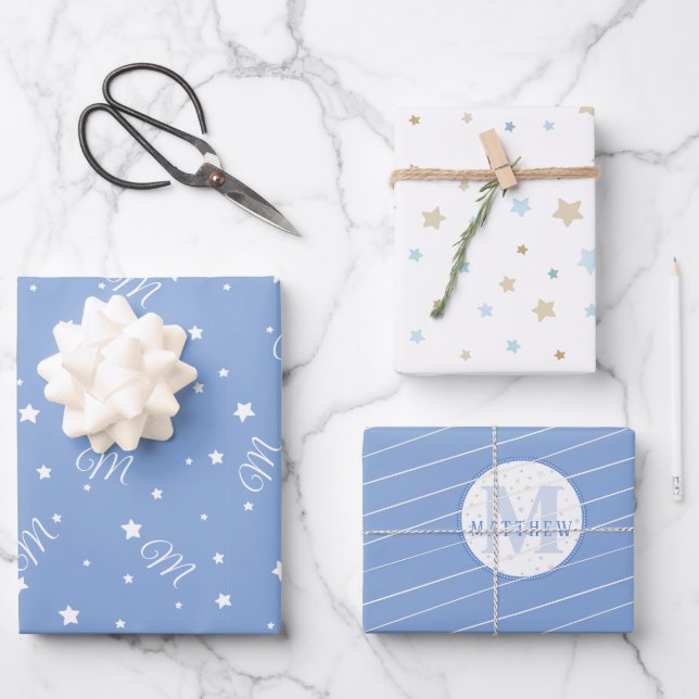 Feuille De Papier Cadeau Monogramme blanc et bleu modifiable Nouveau-né béb (Recto)