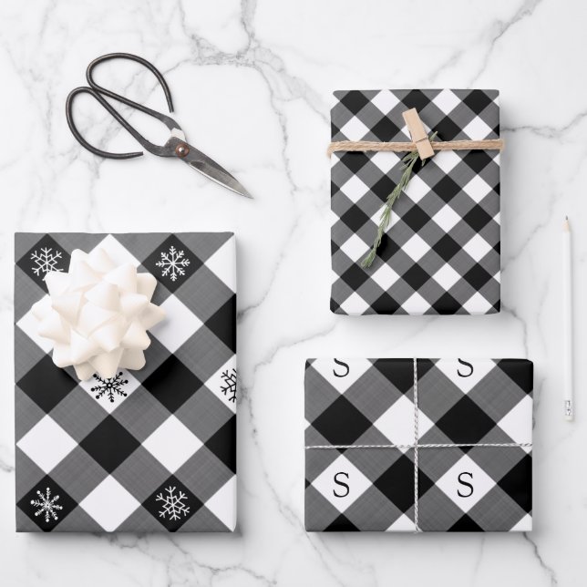 Feuille De Papier Cadeau Monogramme de flocon de neige plaqué de buffle noi (Recto)