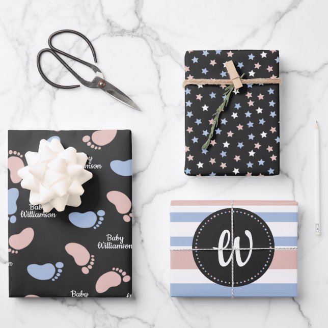 Feuille De Papier Cadeau Monogramme de révélation de l'Baby shower personna (Recto)