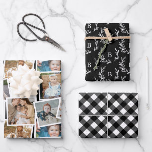 Feuille De Papier Cadeau Monogramme en plaid noir et collage photo