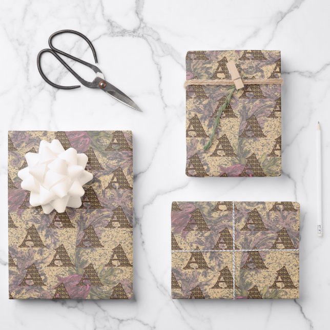 Feuille De Papier Cadeau Monogramme floral initial A Élégant  (Recto)