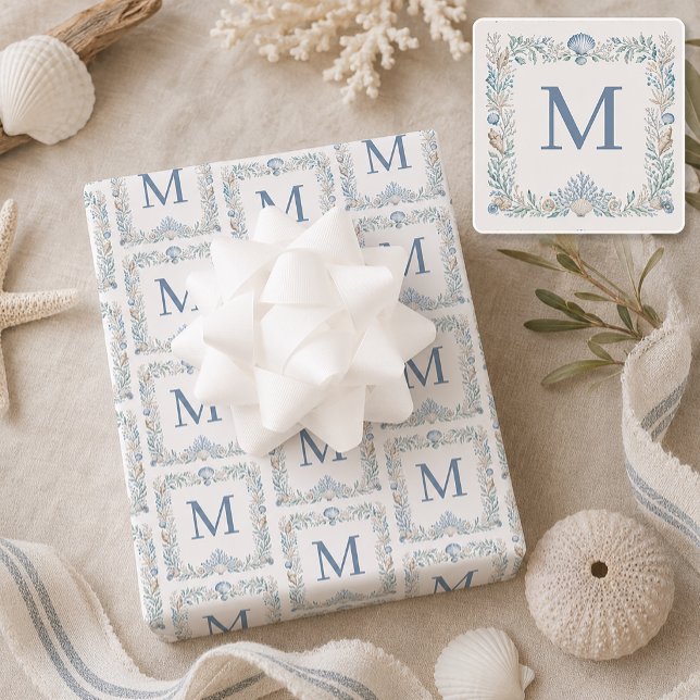 Feuille De Papier Cadeau Monogramme Initial Personnalisé de Style Côtier (Coastal Monogram Wrapping Paper)