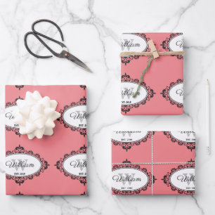 Feuille De Papier Cadeau Monogramme minimaliste rose Vintage Damas