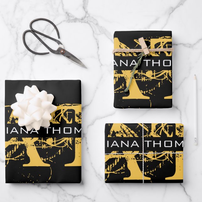Feuille De Papier Cadeau Monogramme moderne en noir et or (Recto)