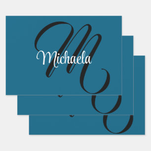 Feuille De Papier Cadeau Monogramme moderne minimaliste nom initial bleu