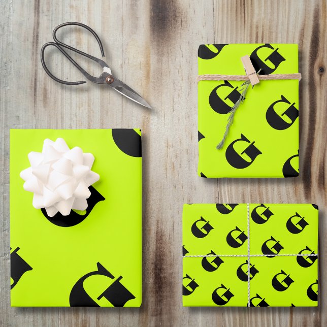 Feuille De Papier Cadeau Monogramme moderne noir | Neon Lime jaune (Créateur téléchargé)