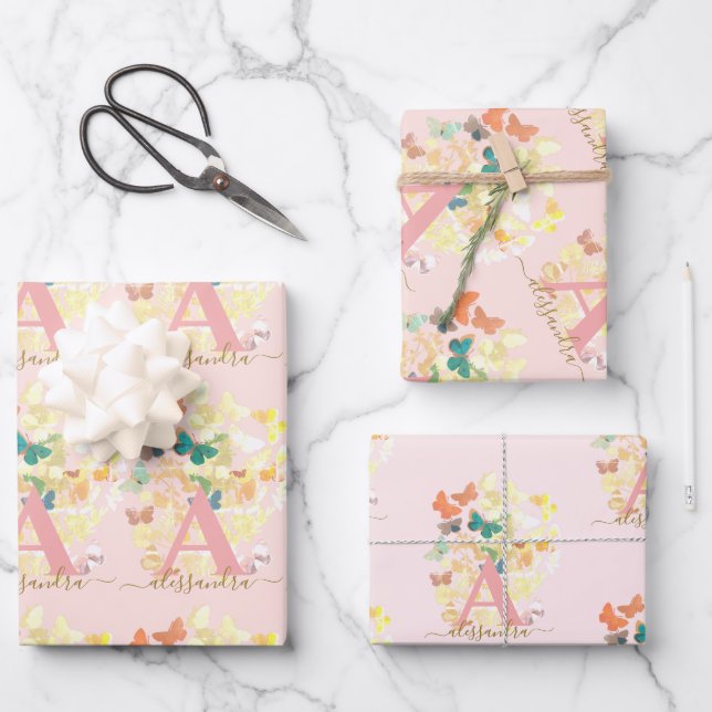 Feuille De Papier Cadeau monogramme monogramme de papillon moderne élégant  (Recto)