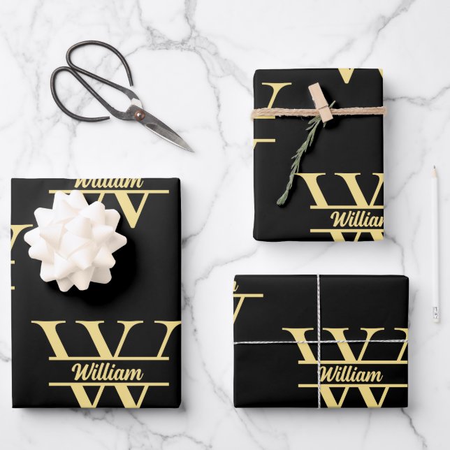 Feuille De Papier Cadeau Monogramme noir et or | Écriture initiale élégante (Recto)