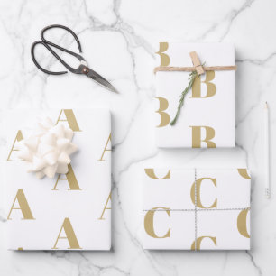Feuille De Papier Cadeau Monogramme personnalisé blanc or moderne motif ini