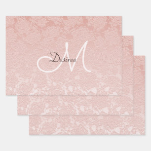 Feuille De Papier Cadeau Monogramme rose pâle Élégant Art Floral Moderne