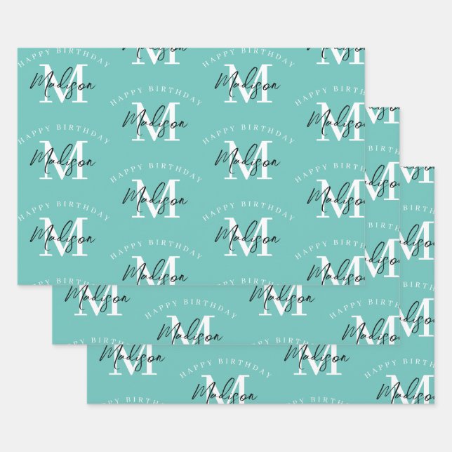 Feuille De Papier Cadeau Monogramme Turquoise Personnalisé Joyeux Anniversa (Lot)