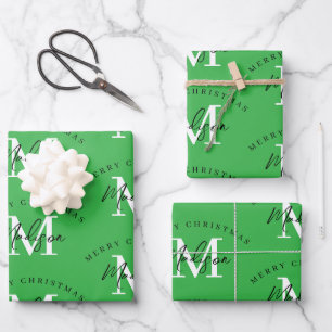 Feuille De Papier Cadeau Monogramme vert Joyeux Noël personnalisé