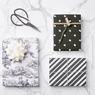 Feuille De Papier Cadeau monogramme vintage floral noir toile de jouy