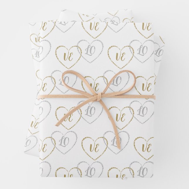 Feuille De Papier Cadeau Monogrammes mariages, Argent et Charms Coeurs d'Or (En situation)