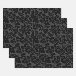 Feuille De Papier Cadeau Monotones noirs et gris Floral Damask