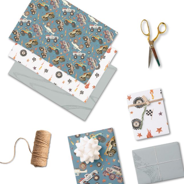 Feuille De Papier Cadeau Monster Truck Blue Aquarelle Jeu Moderne 3 (Créateur téléchargé)