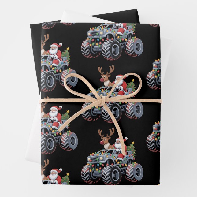 Feuille De Papier Cadeau Monster Truck Christmas Santa Reindeer Holiday  (En situation)