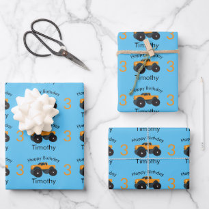 Feuille De Papier Cadeau Monster Truck Orange Blue Boy's Name & Age