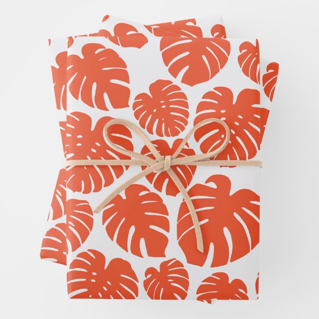 Feuille De Papier Cadeau Monstera - Orange et blanc (En situation)