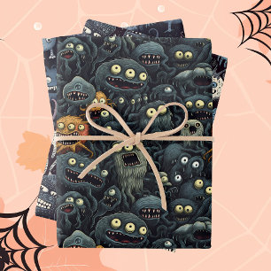 Feuille De Papier Cadeau Monstres d'Halloween mignonnes en gris foncé moody