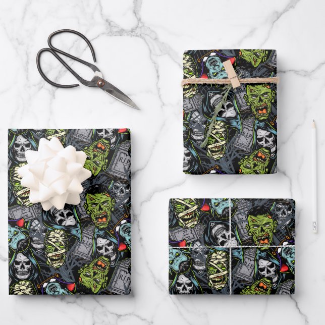 Feuille De Papier Cadeau Monstres effrayants d'Halloween Zombies Vampires M (Recto)
