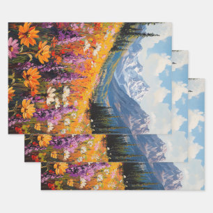 Feuille De Papier Cadeau Montagnes Fleurs sauvages pittoresques Découpage A