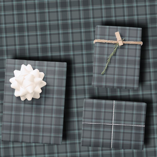 Feuille De Papier Cadeau Moody Dark Charcoal Grey and Teal Tartan Plaid (Créateur téléchargé)