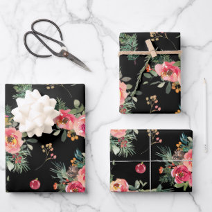 Feuille De Papier Cadeau Moody Floral Pattern   Botanique de Noël noir