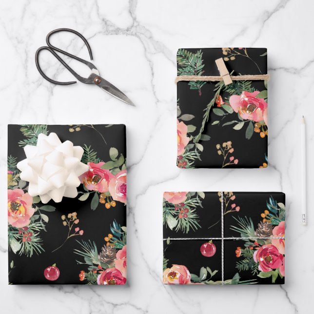 Feuille De Papier Cadeau Moody Floral Pattern | Botanique de Noël noir (Recto)