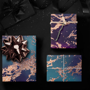 Feuille De Papier Cadeau Moody Luxe Marble Profond violet et Turquoise or