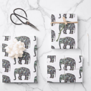 Feuille De Papier Cadeau Mosaïque argentée étincelante motif éléphant sur b