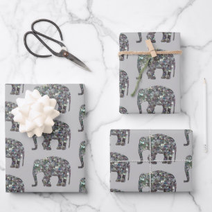 Feuille De Papier Cadeau Mosaïque argentée étincelante motif éléphant sur g