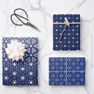 Feuille De Papier Cadeau Mosaïque bleue et blanche marine