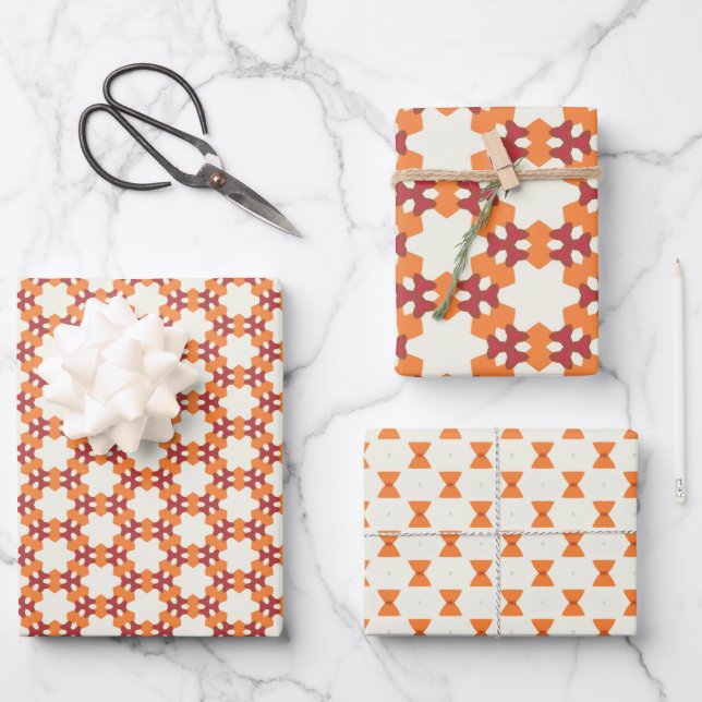 Feuille De Papier Cadeau Mosaïque épicée orange rouge et crème (Recto)