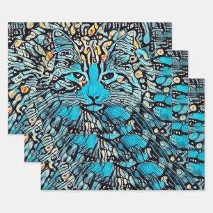 Feuille De Papier Cadeau Mosaïque jaune bleu chat tribal Découpage Abstra
