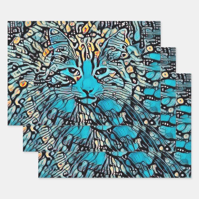 Feuille De Papier Cadeau Mosaïque jaune bleu chat tribal Découpage Abstrait (Lot)