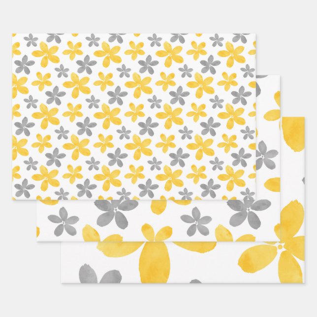 Feuille De Papier Cadeau Motif à aquarelle jaune et gris (Lot)