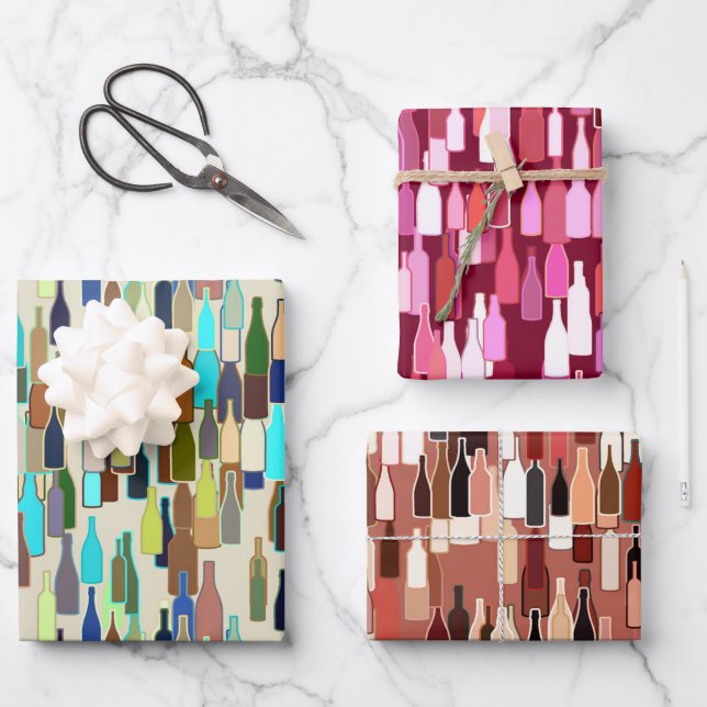 Feuille De Papier Cadeau Motif à bouteilles de vin, rouille, beige et bourg (Recto)