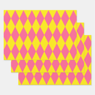 Feuille De Papier Cadeau Motif à carreaux Harlequin rose et jaune