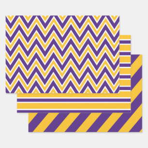 Feuille De Papier Cadeau Motif à chevron et rayures violet, or et blanc