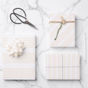 Feuille De Papier Cadeau Motif à cinq rayures beige et blanc