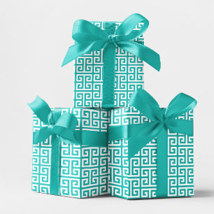 Feuille De Papier Cadeau Motif à clé Turquoise et blanche