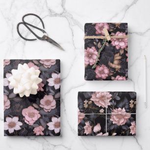 Feuille De Papier Cadeau Motif à fleurs 3D rose et or dessiné à la main