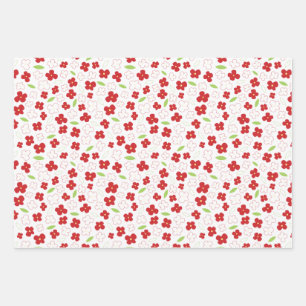 Feuille De Papier Cadeau Motif à fleurs blanches et rouges