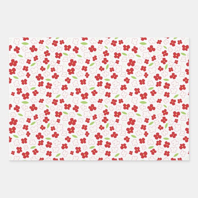 Feuille De Papier Cadeau Motif à fleurs blanches et rouges (Devant)