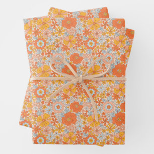 Feuille De Papier Cadeau Motif à fleurs Orange Retro