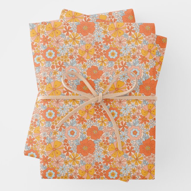 Feuille De Papier Cadeau Motif à fleurs Orange Retro (En situation)
