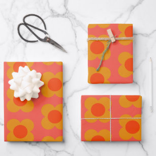 Feuille De Papier Cadeau Motif à fleurs Retro Mod en Orange