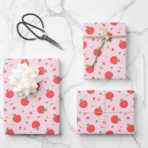 Feuille De Papier Cadeau Motif à la pomme mignonne avec Arrière - plan rose